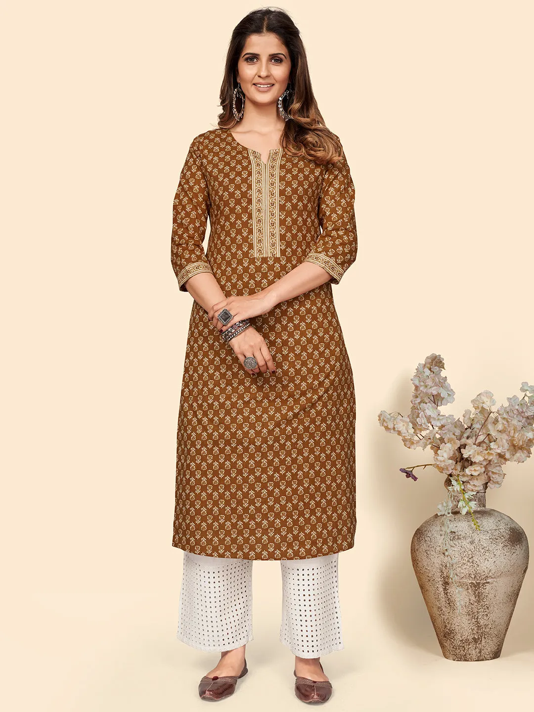 Women'S Floral Print Straight Cotton Orange Stitched Kurta