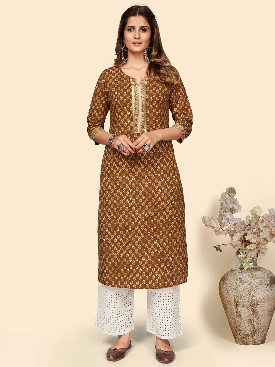 Women'S Floral Print Straight Cotton Orange Stitched Kurta