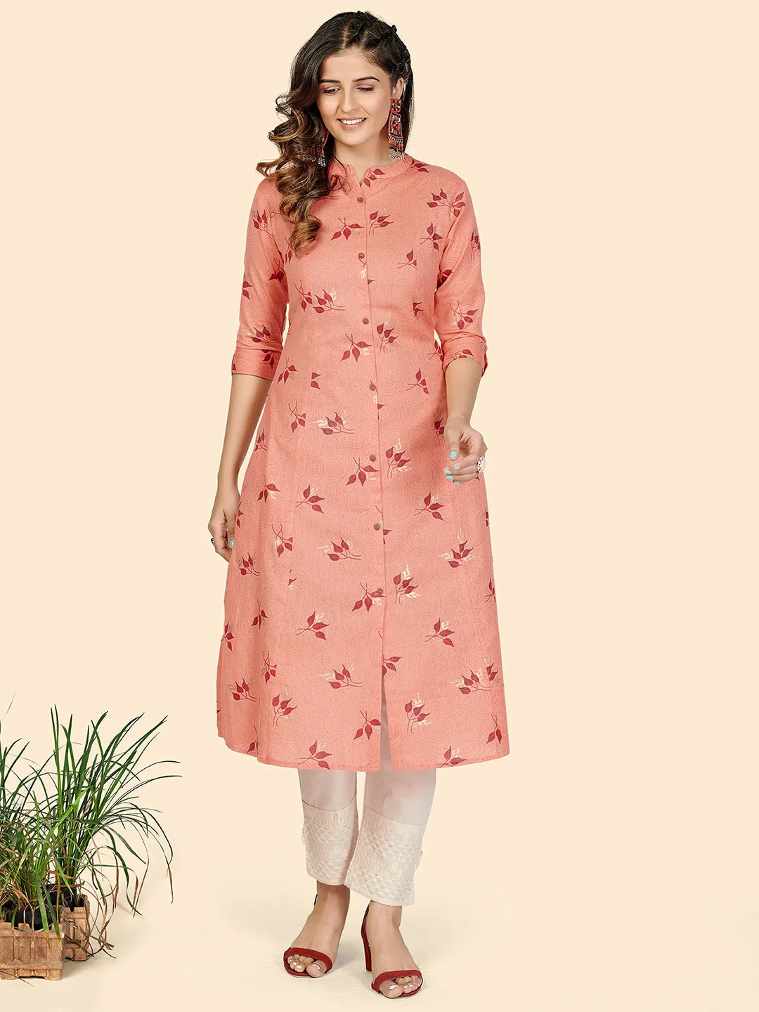 Women'S Foil Print A-Line Cotton Peach Stitched Kurta