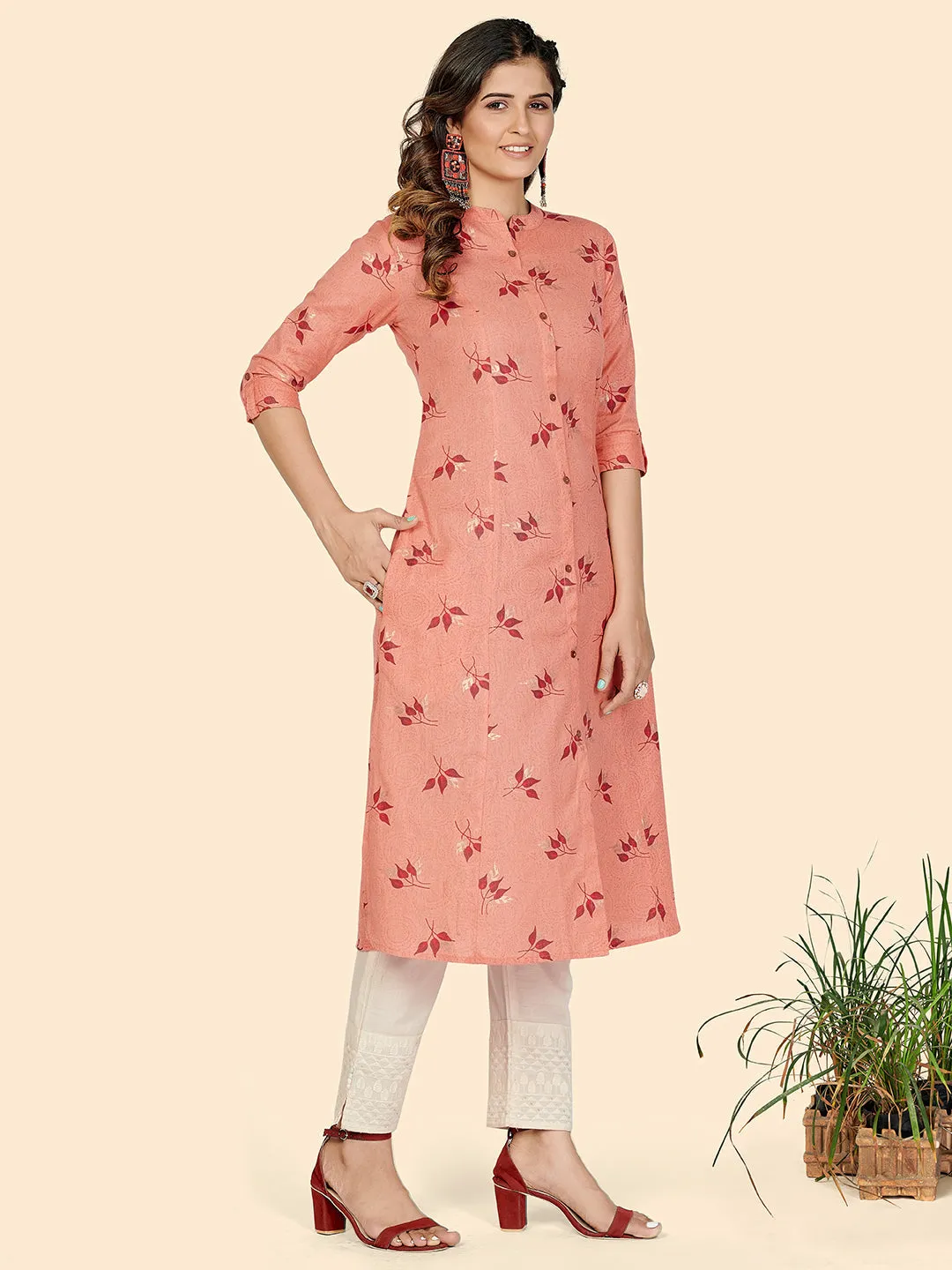 Women'S Foil Print A-Line Cotton Peach Stitched Kurta