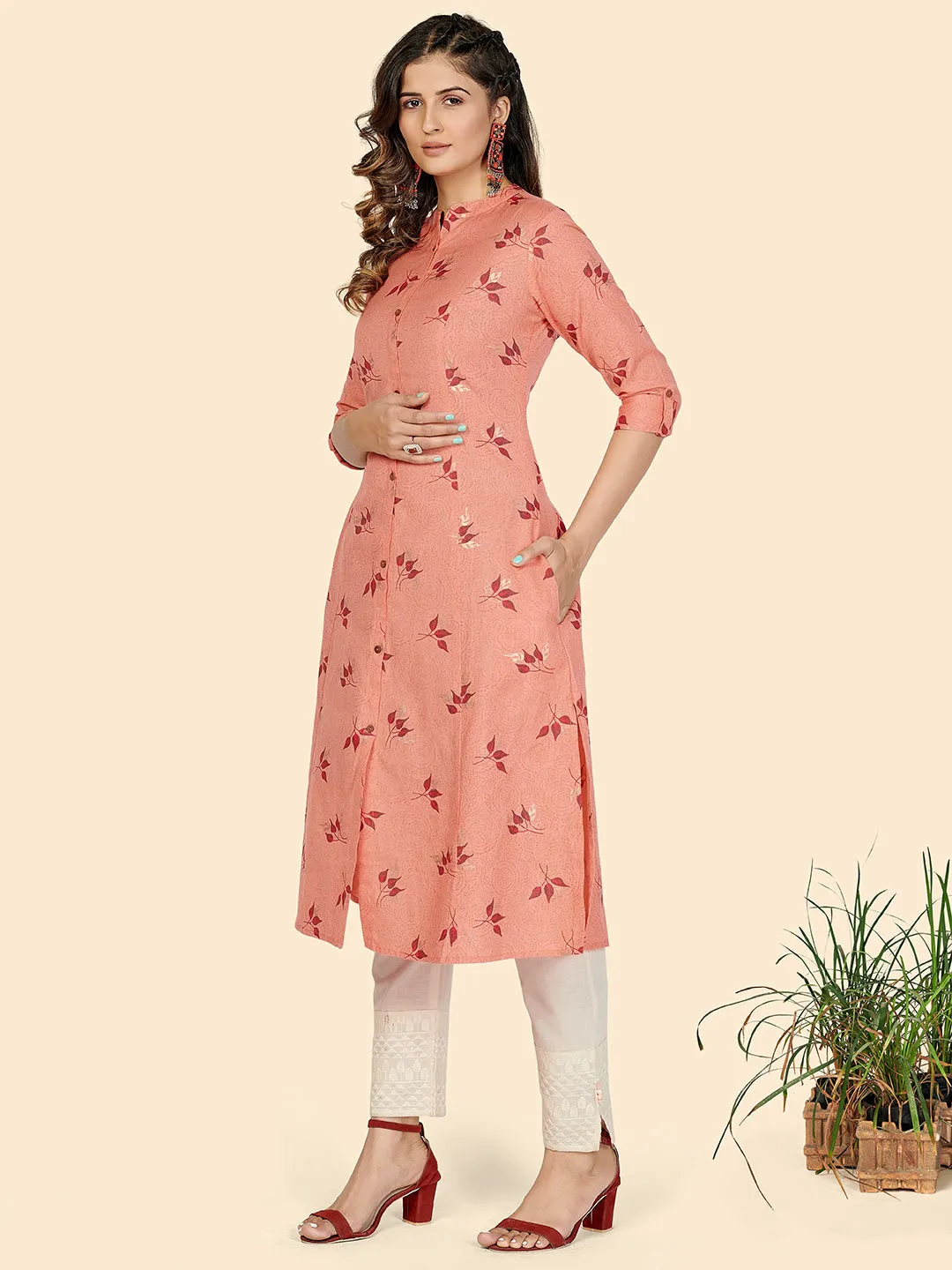 Women'S Foil Print A-Line Cotton Peach Stitched Kurta