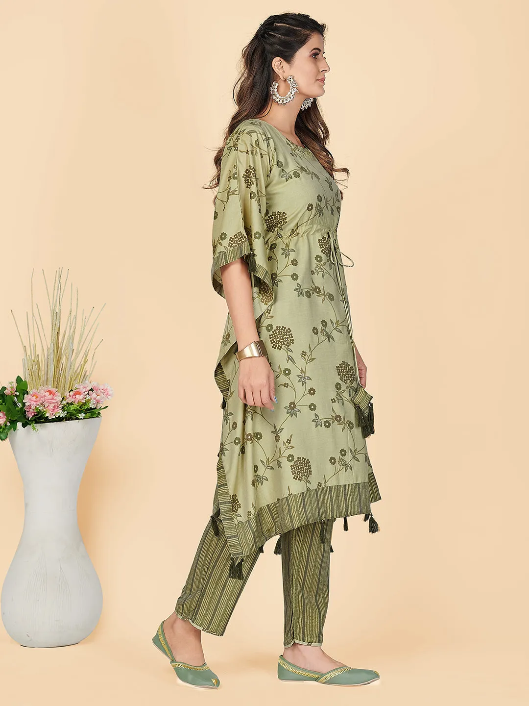 Women'S Foil Print  Chanderi Pista Stitched Kaftan Kurta With Pant Set