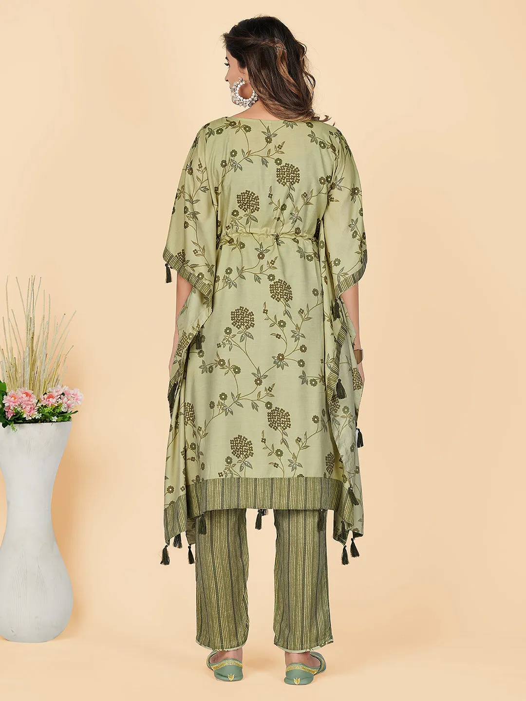 Women'S Foil Print  Chanderi Pista Stitched Kaftan Kurta With Pant Set