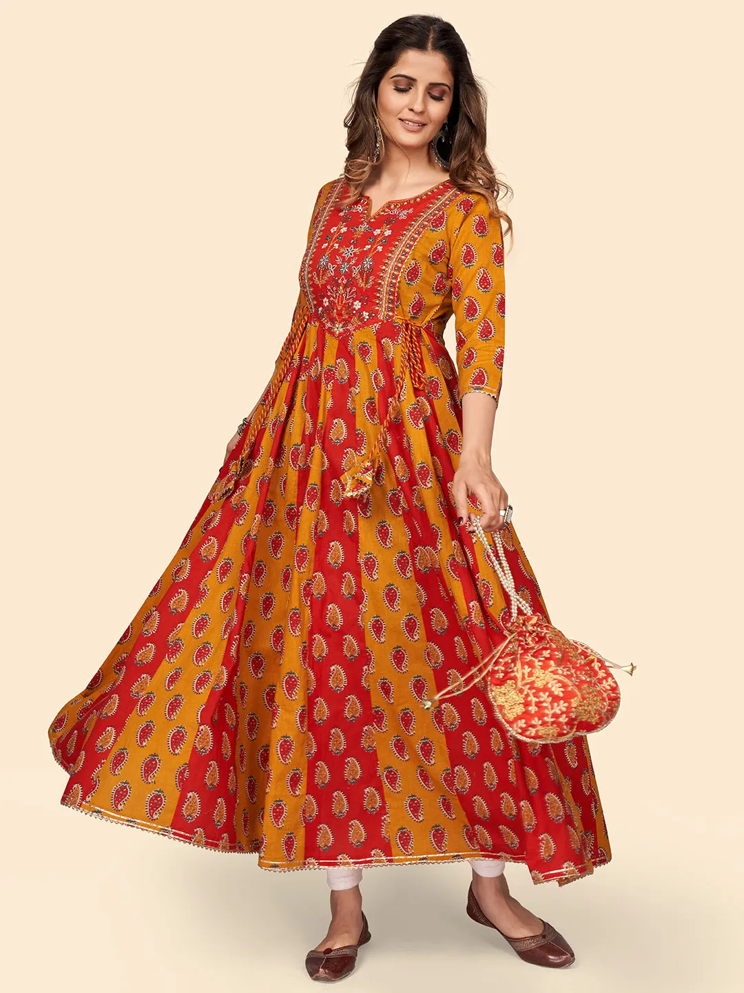 Women'S Print & Embroidered Anarkali Cotton Bland Yellow Stitched Kurta