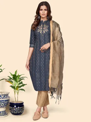 Women'S Print & Embroidered Straight Cotton Blend Navy Blue Stitched Kurta Pant With Dupatta