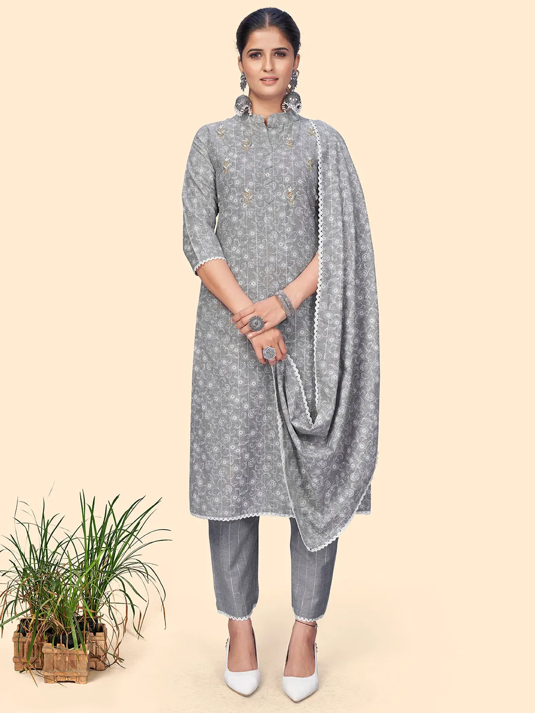 Women'S Print & Embroidered Straight Cotton Light Grey Stitched Kurta Pant With Dupatta