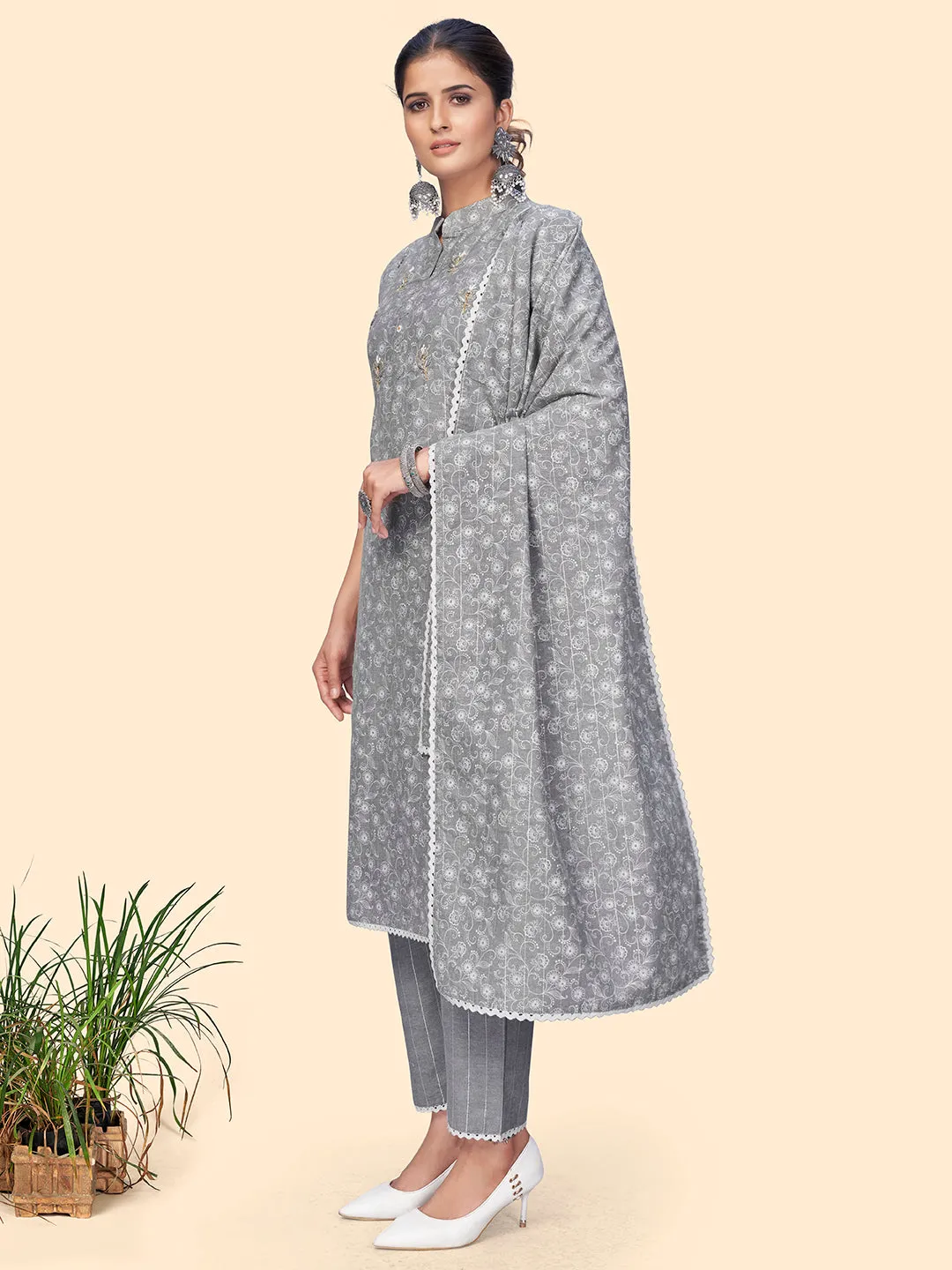 Women'S Print & Embroidered Straight Cotton Light Grey Stitched Kurta Pant With Dupatta