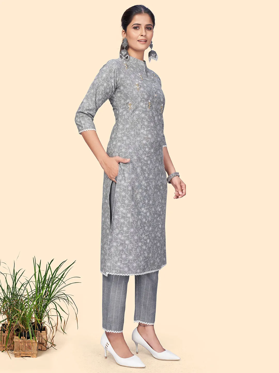 Women'S Print & Embroidered Straight Cotton Light Grey Stitched Kurta Pant With Dupatta