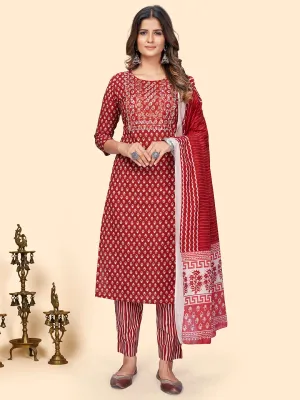 Women'S Print & Embroidered Straight Cotton Red Stitched Kurta Pant With Dupatta