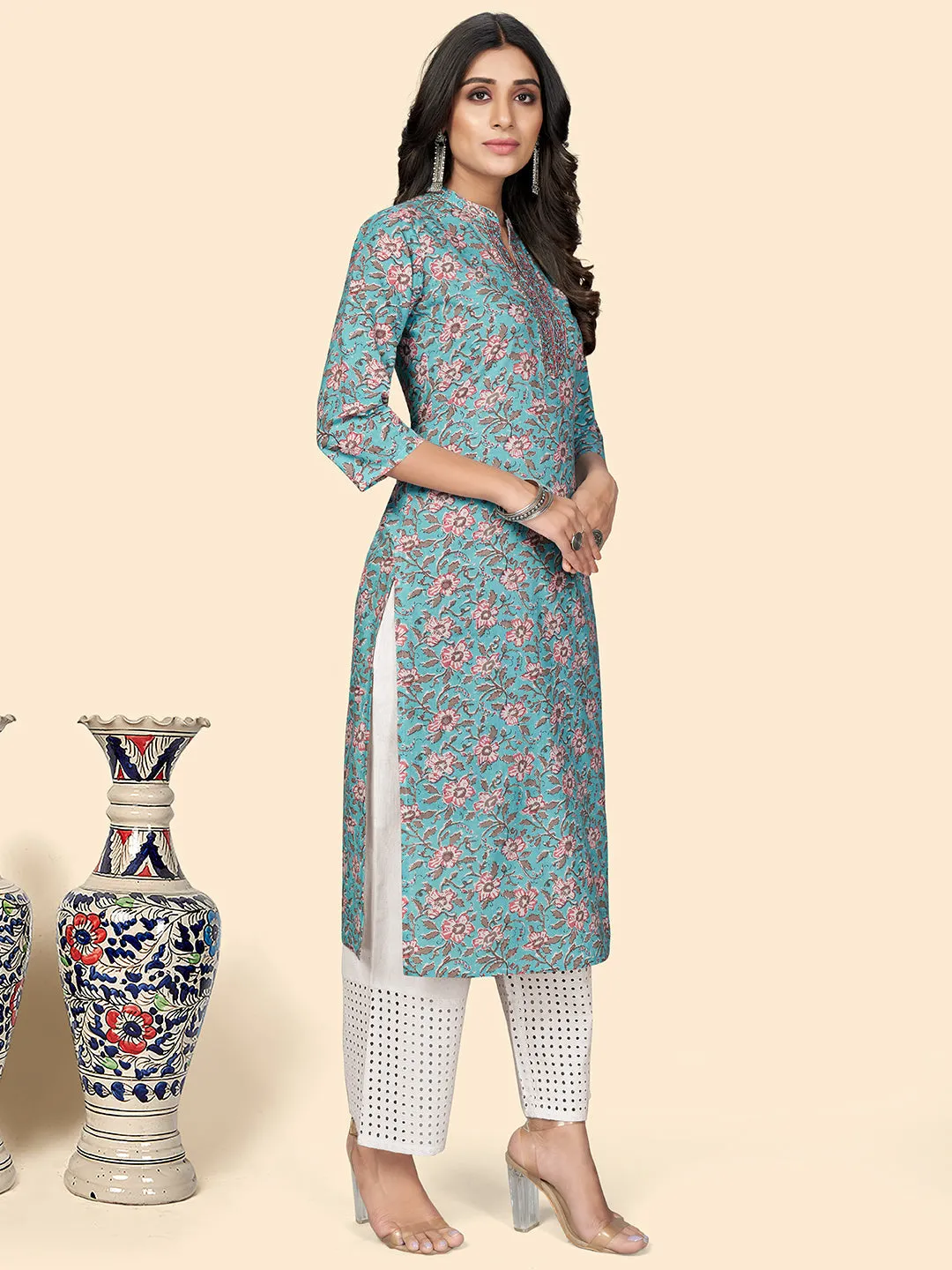 Women'S Print & Embroidered Straight Cotton Sky Blue Stitched Kurta