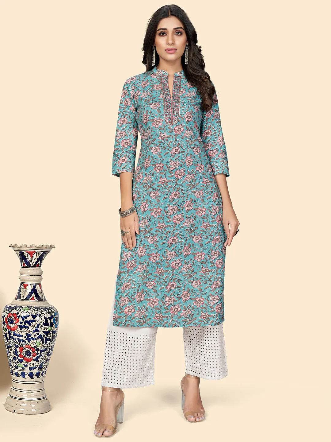 Women'S Print & Embroidered Straight Cotton Sky Blue Stitched Kurta