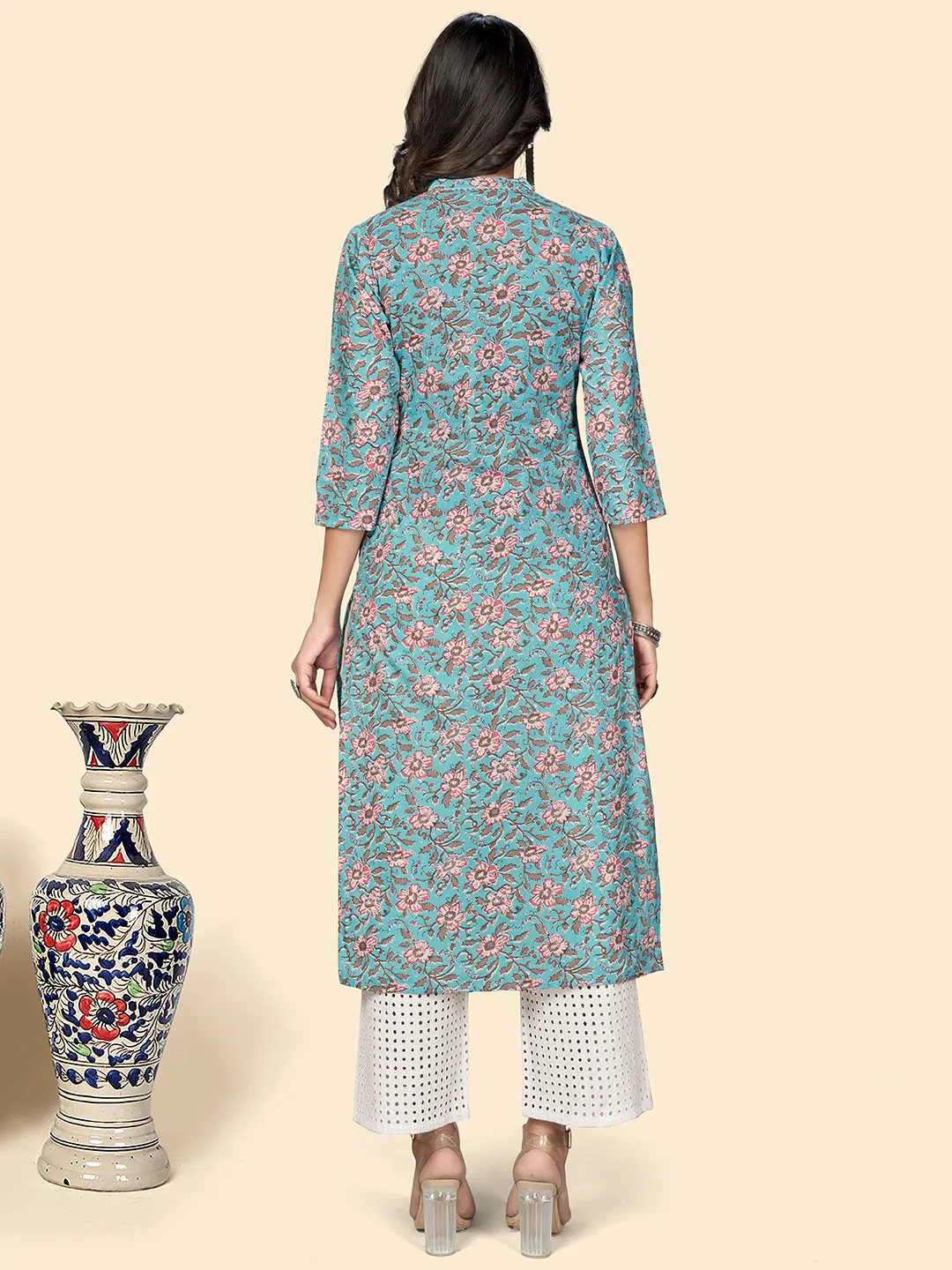 Women'S Print & Embroidered Straight Cotton Sky Blue Stitched Kurta