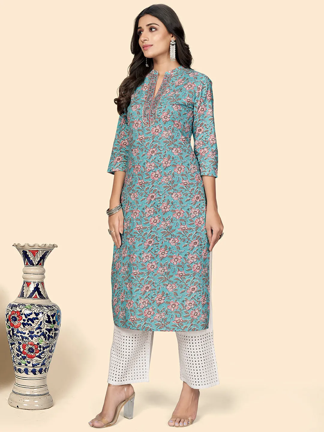 Women'S Print & Embroidered Straight Cotton Sky Blue Stitched Kurta