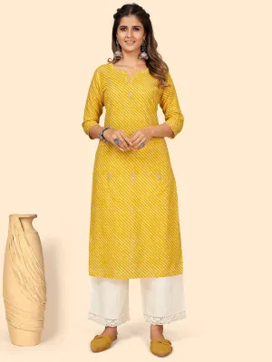 Women'S Print & Embroidered Straight Cotton Yellow Stitched Kurta