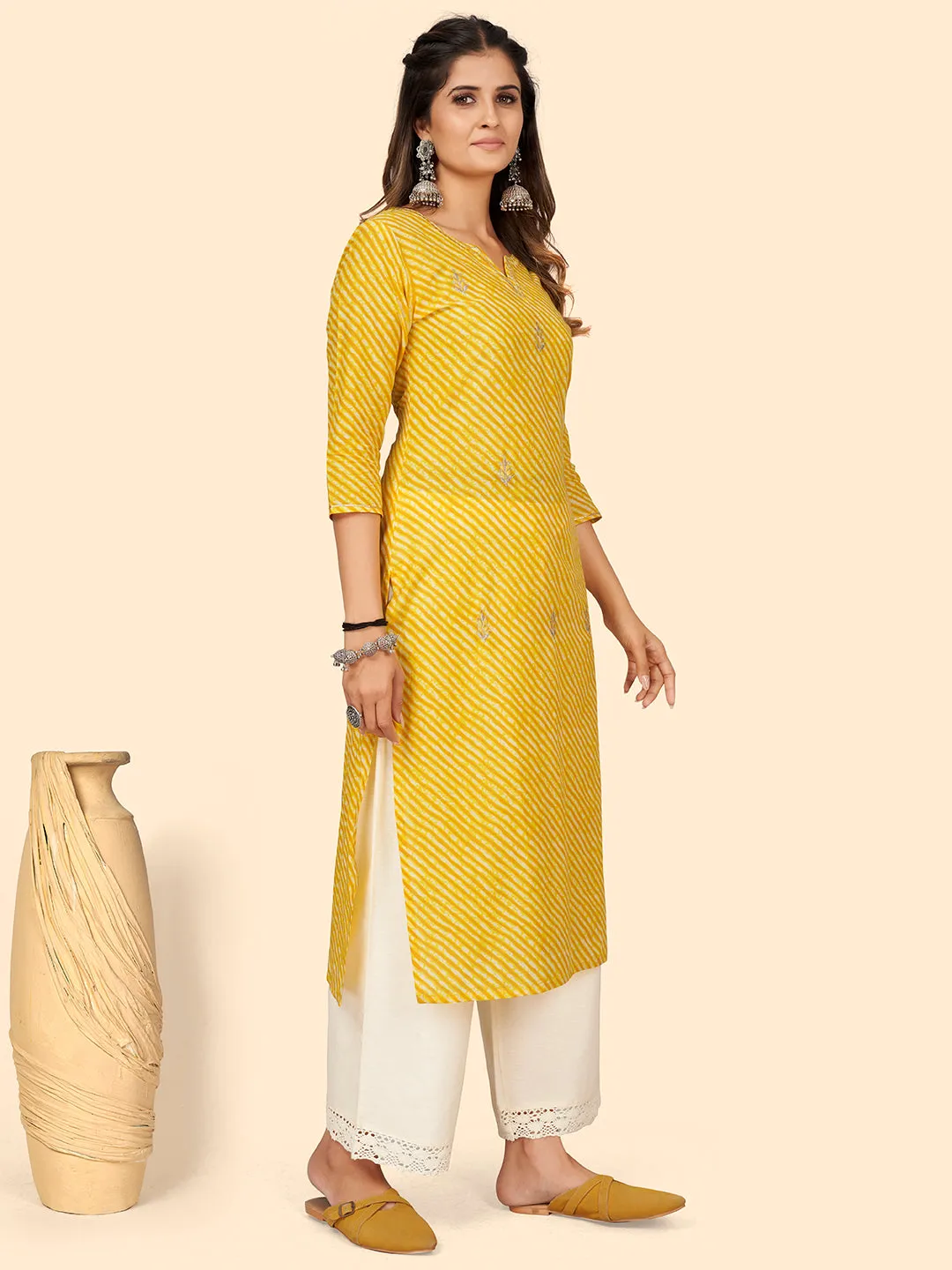 Women'S Print & Embroidered Straight Cotton Yellow Stitched Kurta