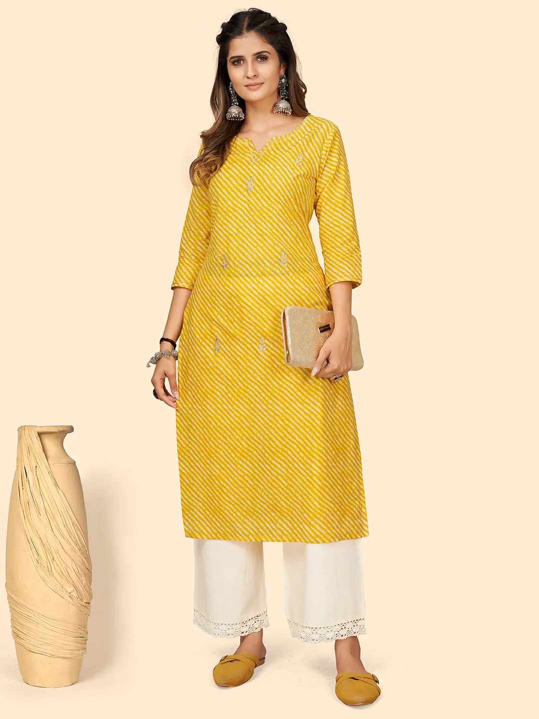 Women'S Print & Embroidered Straight Cotton Yellow Stitched Kurta