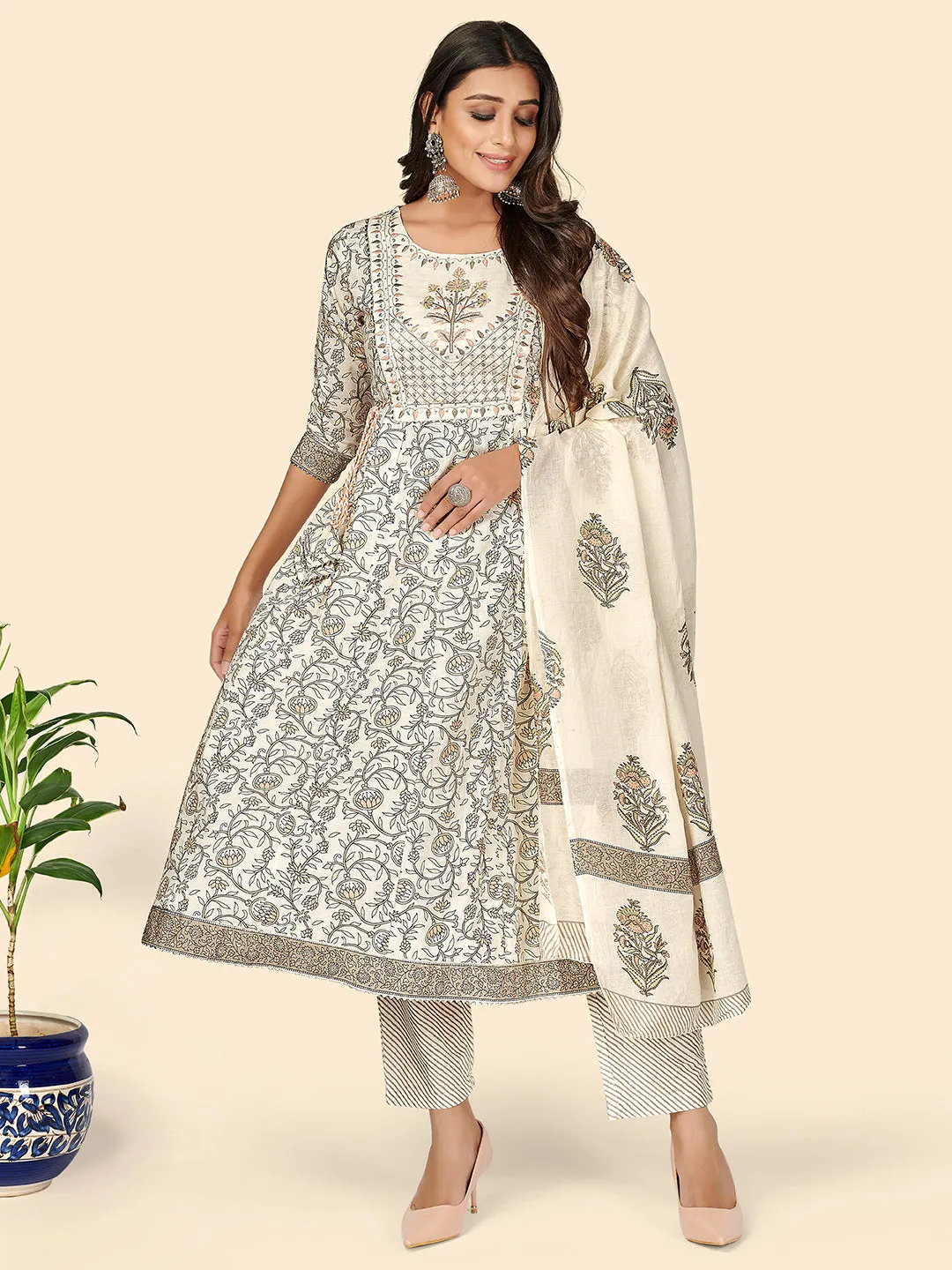 Women'S Print & Sequience Straight Cotton Beige Stitched Kurta Pant With Dupatta