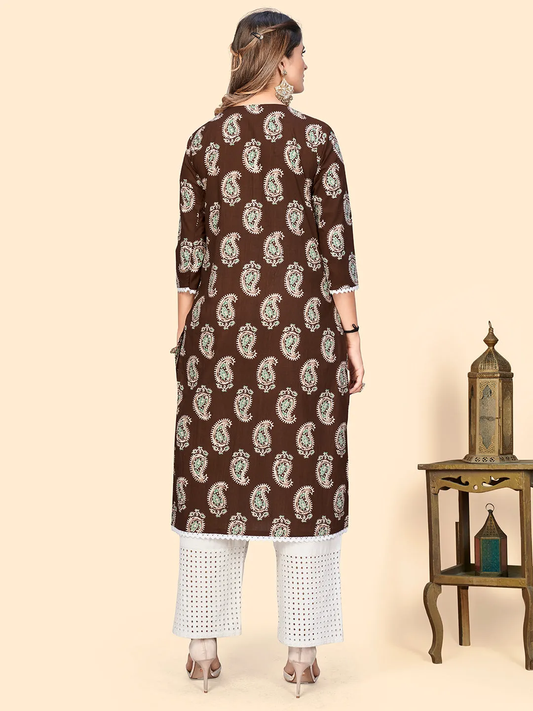 Women'S Print & Sequience Straight Cotton Brown Stitched Kurta