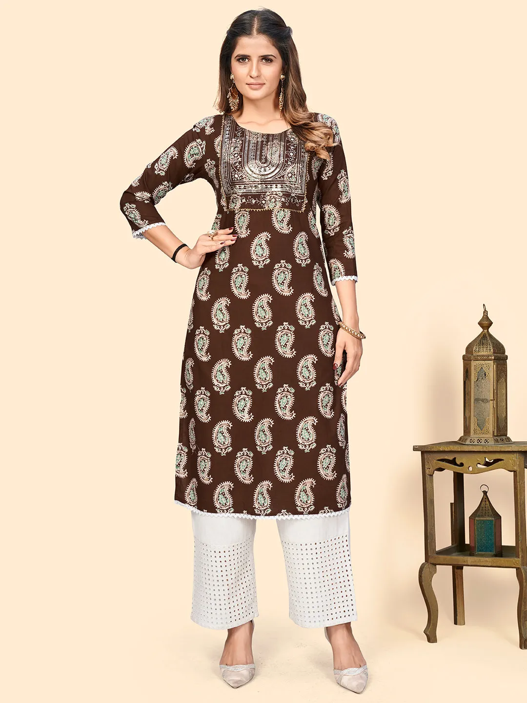 Women'S Print & Sequience Straight Cotton Brown Stitched Kurta