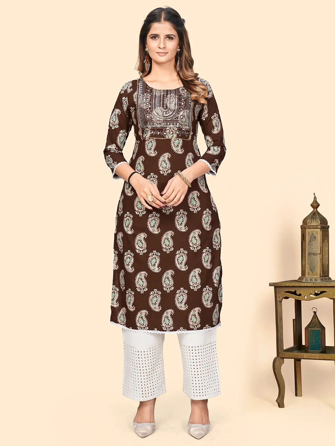 Women'S Print & Sequience Straight Cotton Brown Stitched Kurta