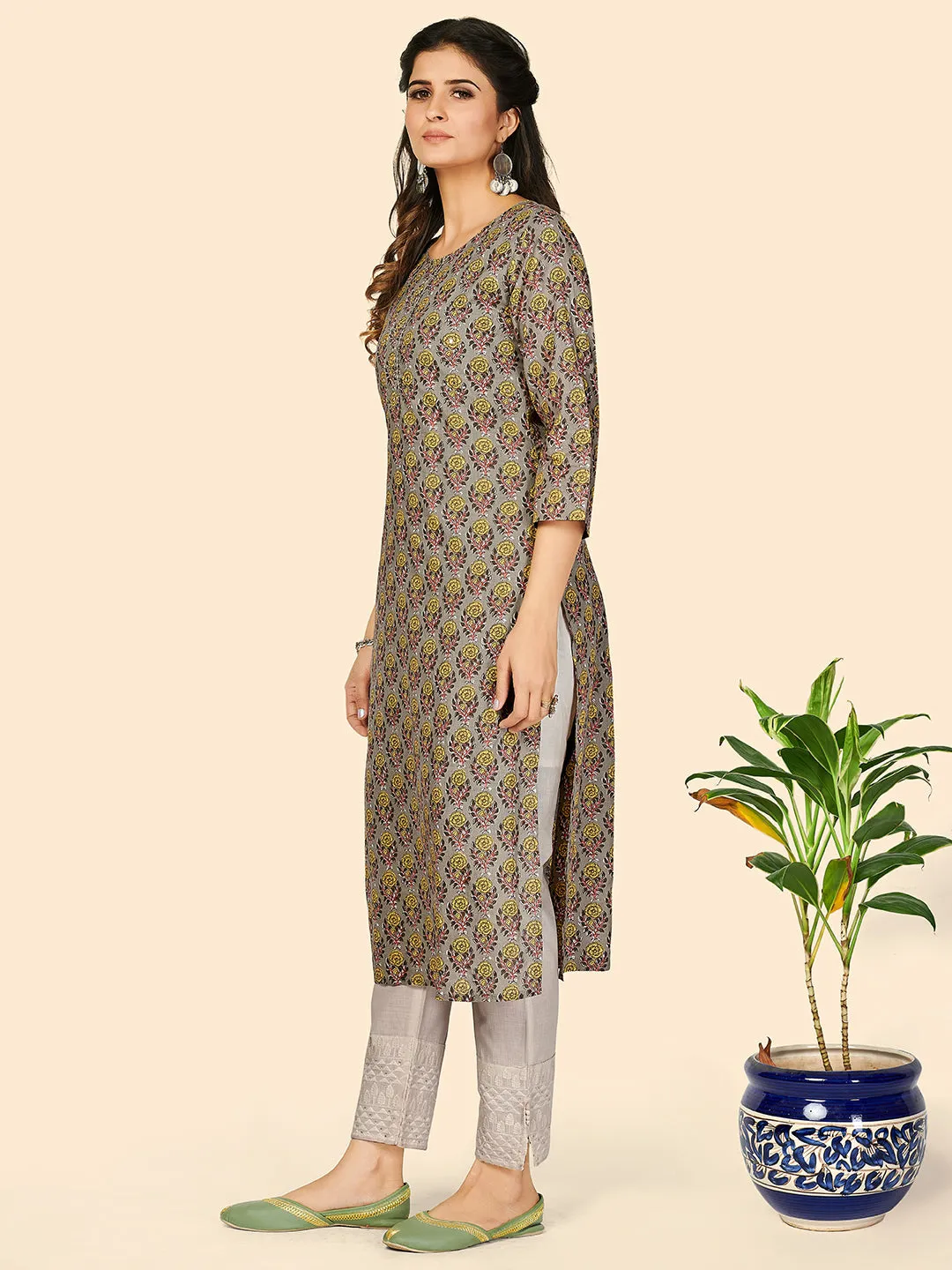 Women'S Print & Sequience Straight Cotton Olive  Stitched Kurta