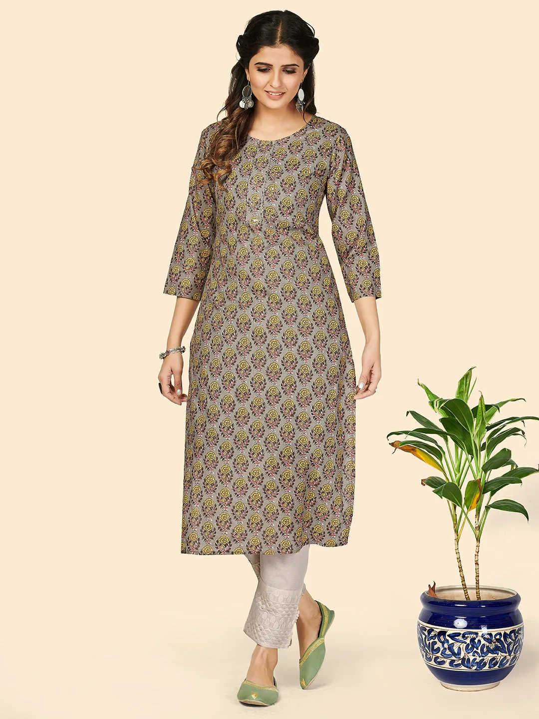 Women'S Print & Sequience Straight Cotton Olive  Stitched Kurta