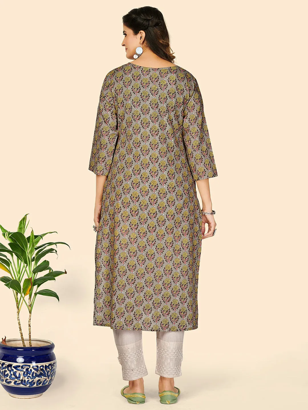 Women'S Print & Sequience Straight Cotton Olive  Stitched Kurta