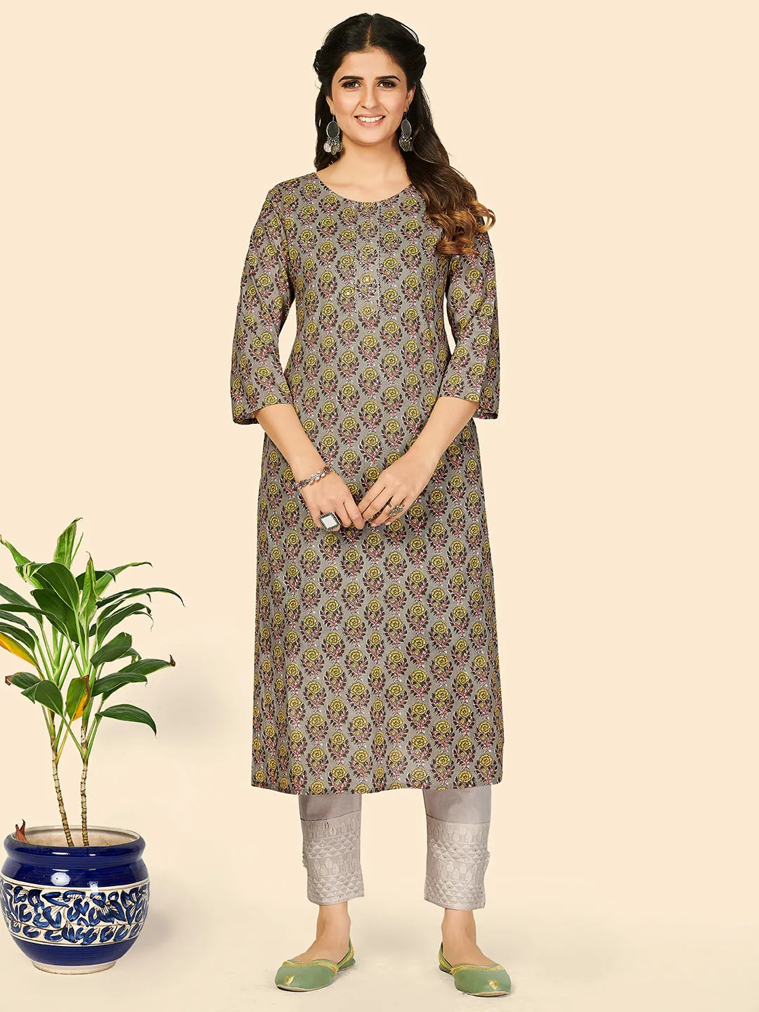 Women'S Print & Sequience Straight Cotton Olive  Stitched Kurta