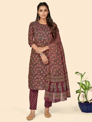 Women'S Print & Sequience Straight Cotton Purple Stitched Kurta Pant With Dupatta