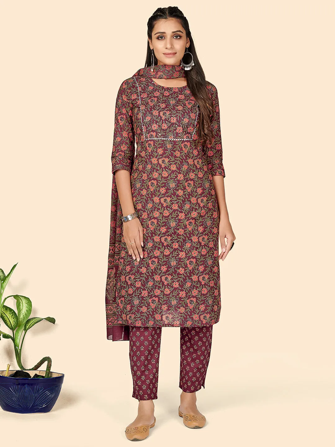 Women'S Print & Sequience Straight Cotton Purple Stitched Kurta Pant With Dupatta