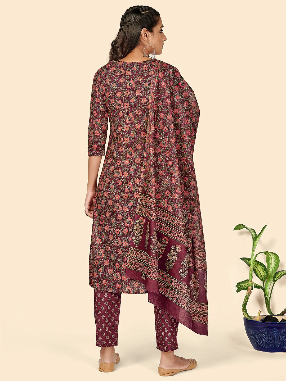 Women'S Print & Sequience Straight Cotton Purple Stitched Kurta Pant With Dupatta