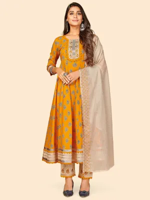 Women'S Printed & Embroidered Anarkali Cotton Yellow Stitched Kurta Pant With Dupatta