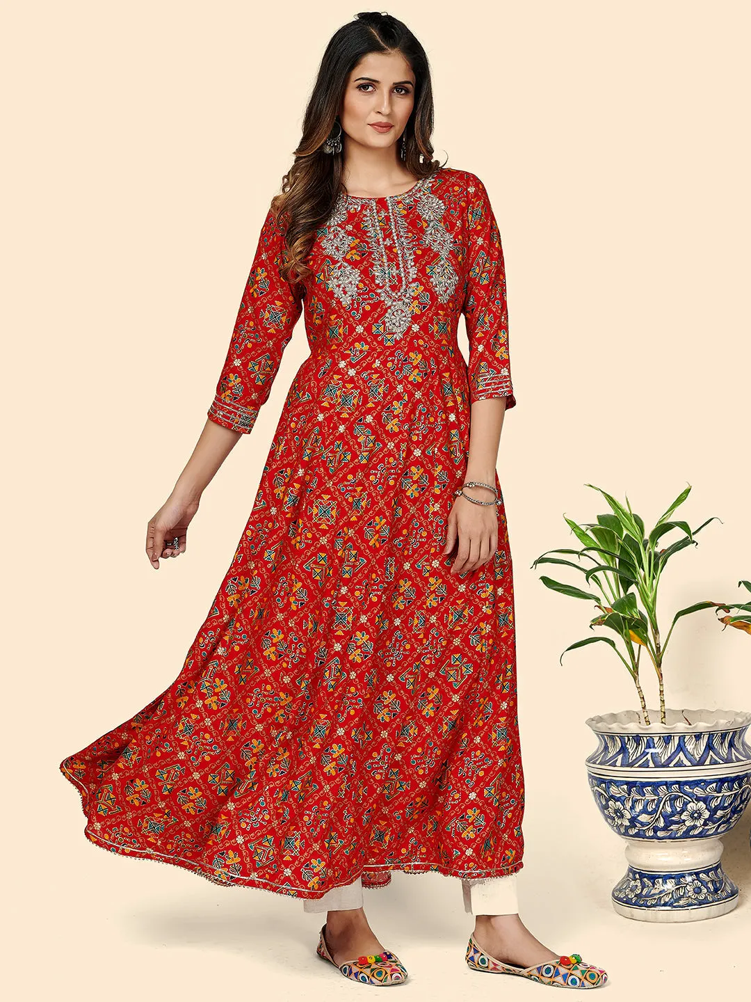 Women'S Printed & Embroidered Anarkali Rayon Red Stitched Kurta