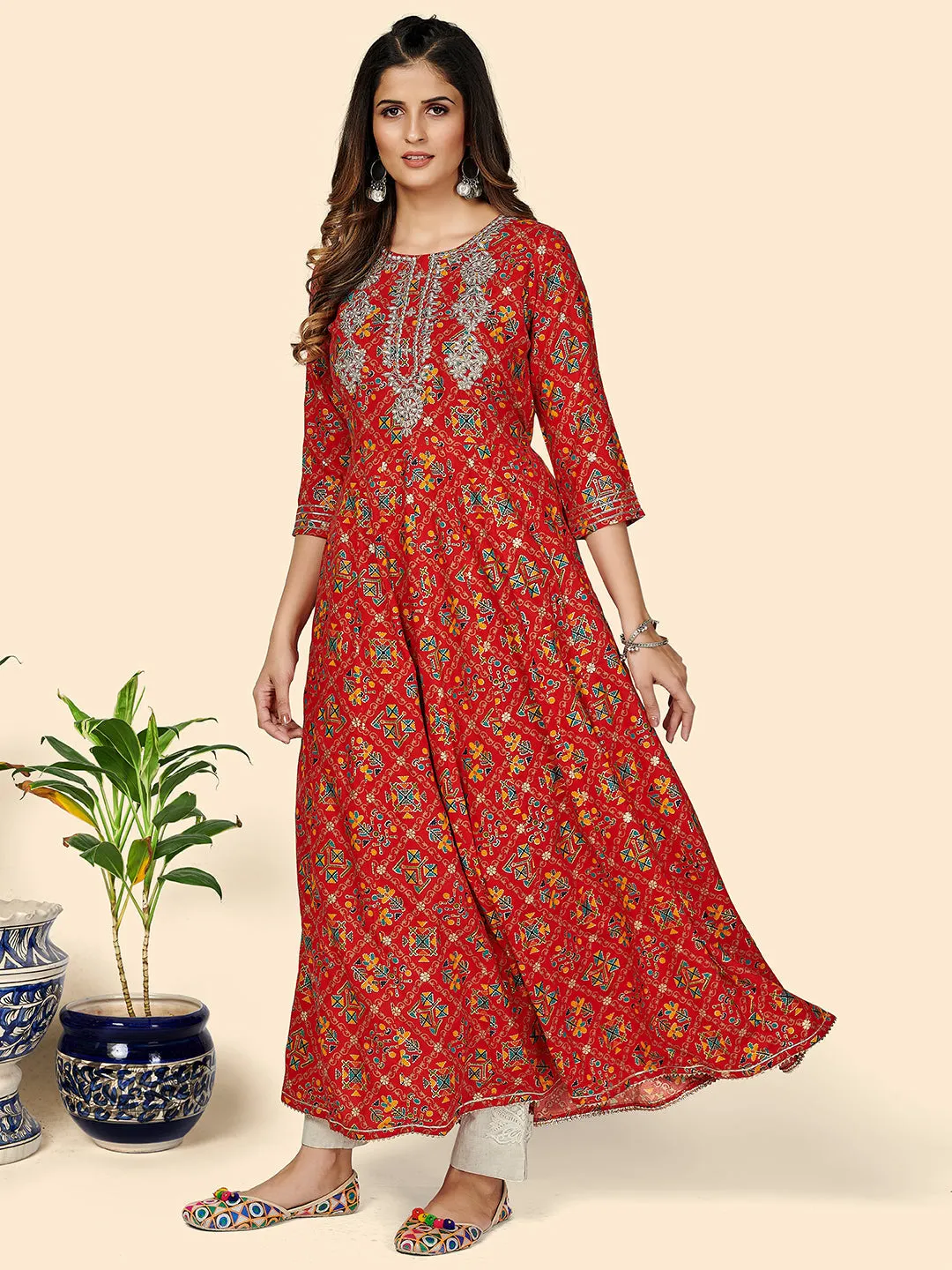 Women'S Printed & Embroidered Anarkali Rayon Red Stitched Kurta