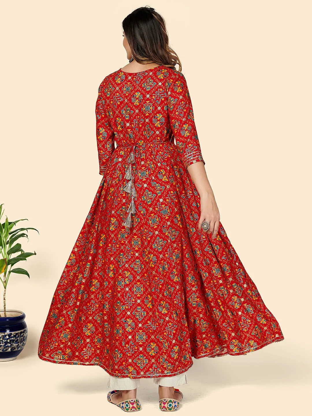 Women'S Printed & Embroidered Anarkali Rayon Red Stitched Kurta