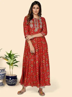 Women'S Printed & Embroidered Anarkali Rayon Red Stitched Kurta