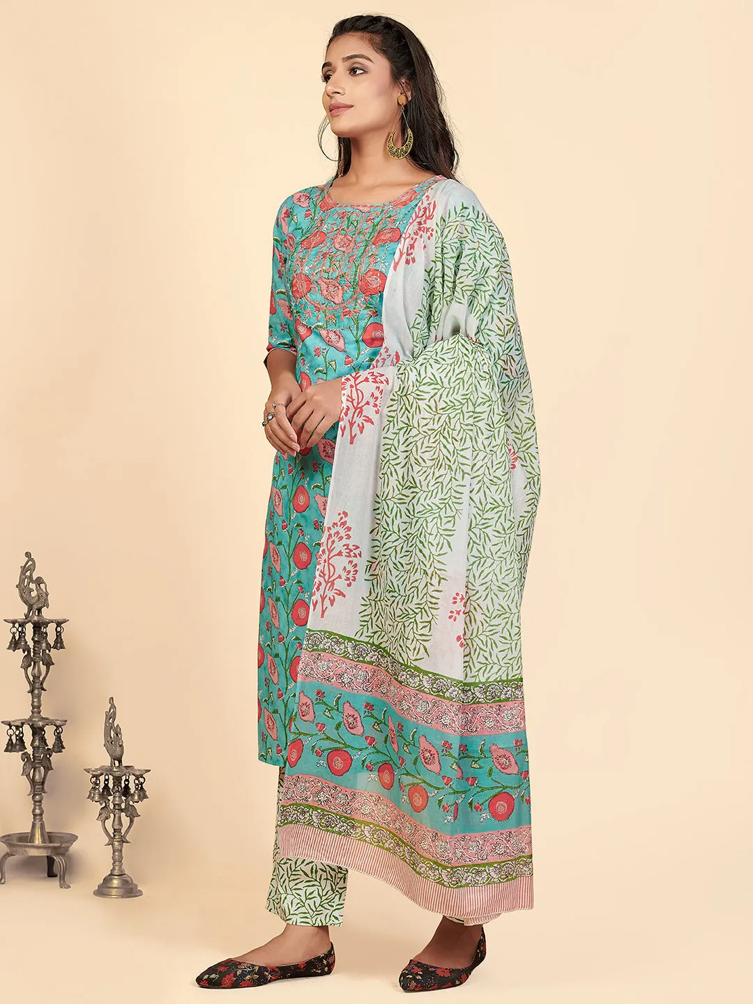 Women'S Printed & Embroidered Straight Cotton Aqua Stitched Kurta Pant With Dupatta