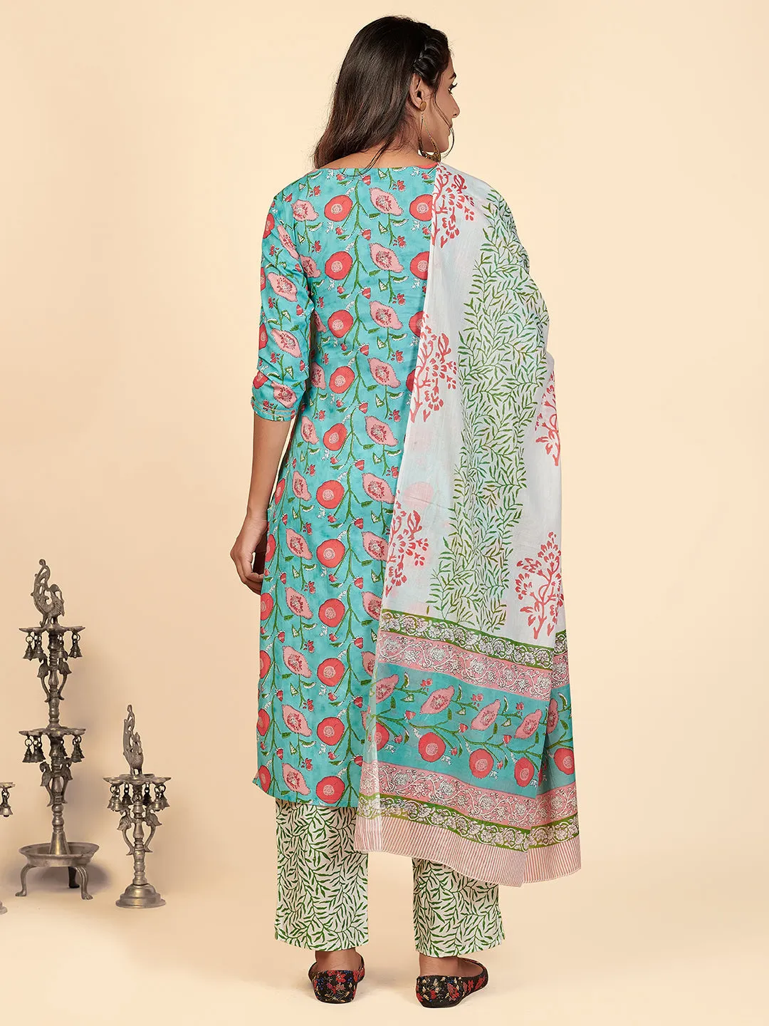 Women'S Printed & Embroidered Straight Cotton Aqua Stitched Kurta Pant With Dupatta