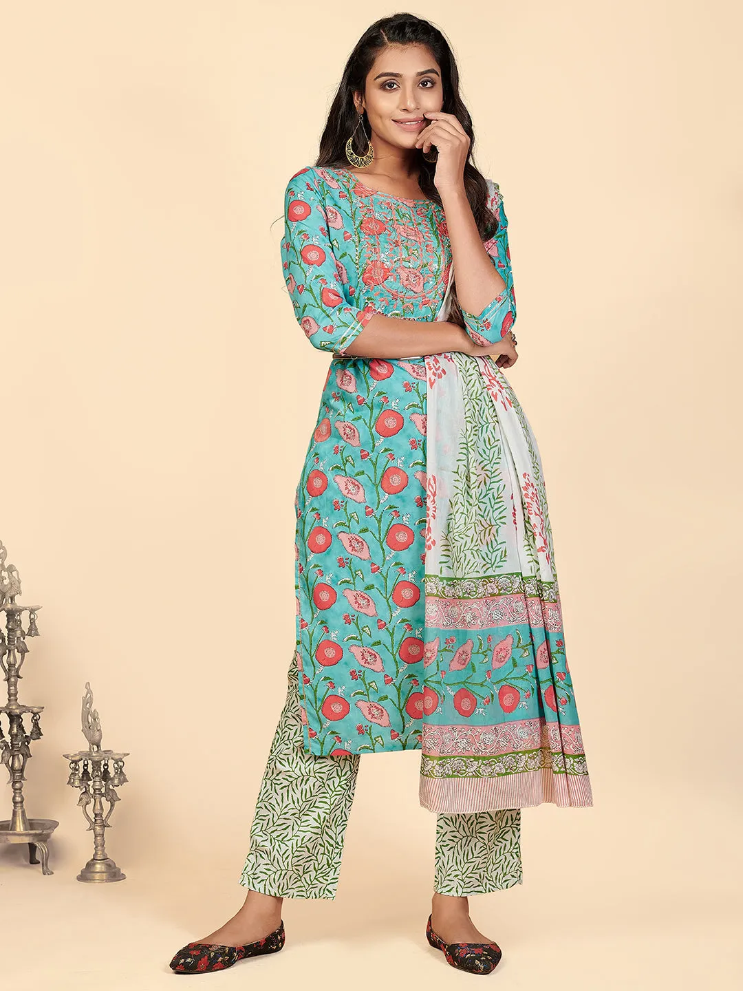 Women'S Printed & Embroidered Straight Cotton Aqua Stitched Kurta Pant With Dupatta