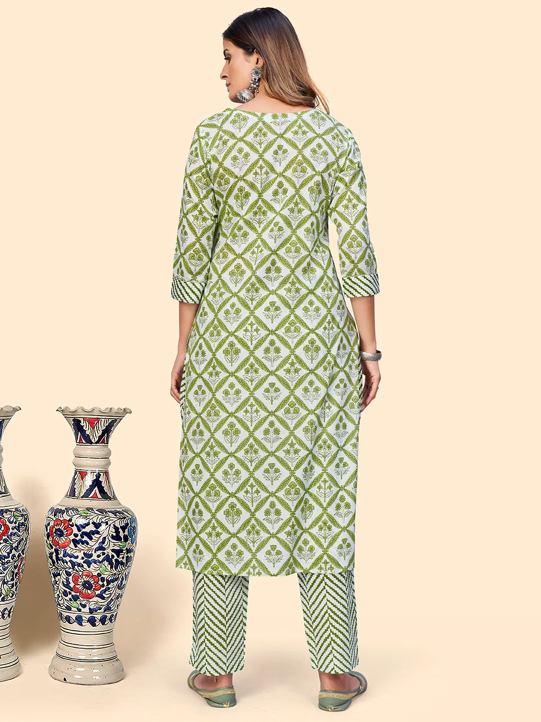 Women'S Printed & Embroidered Straight Cotton Green Stitched Kurta