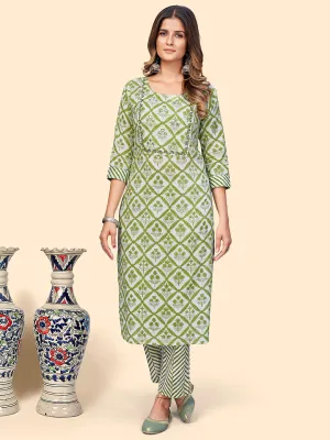 Women'S Printed & Embroidered Straight Cotton Green Stitched Kurta