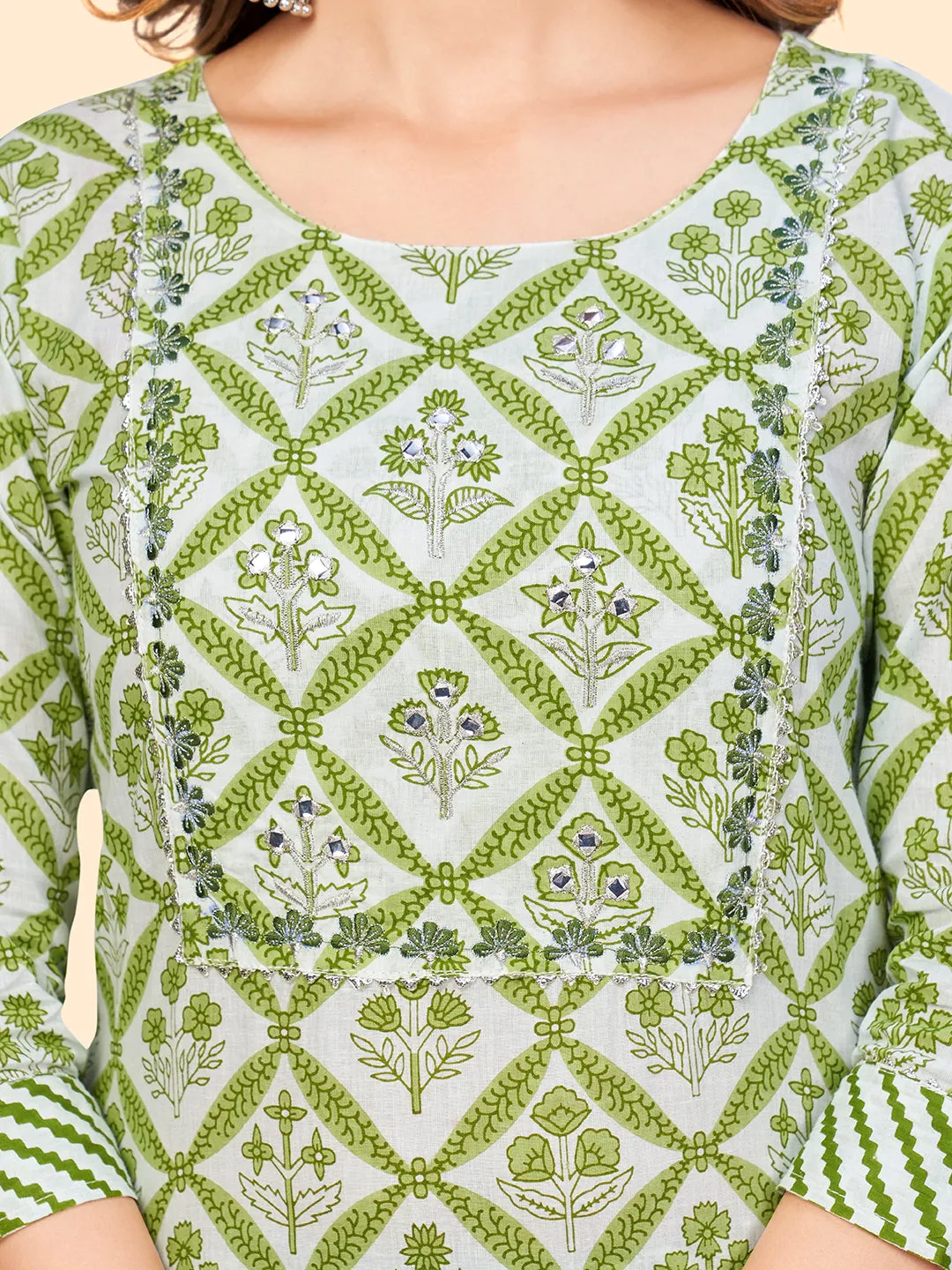 Women'S Printed & Embroidered Straight Cotton Green Stitched Kurta