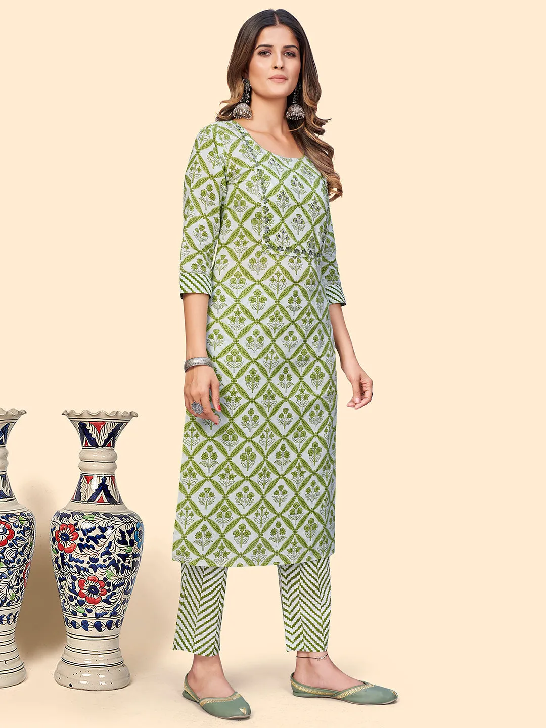 Women'S Printed & Embroidered Straight Cotton Green Stitched Kurta