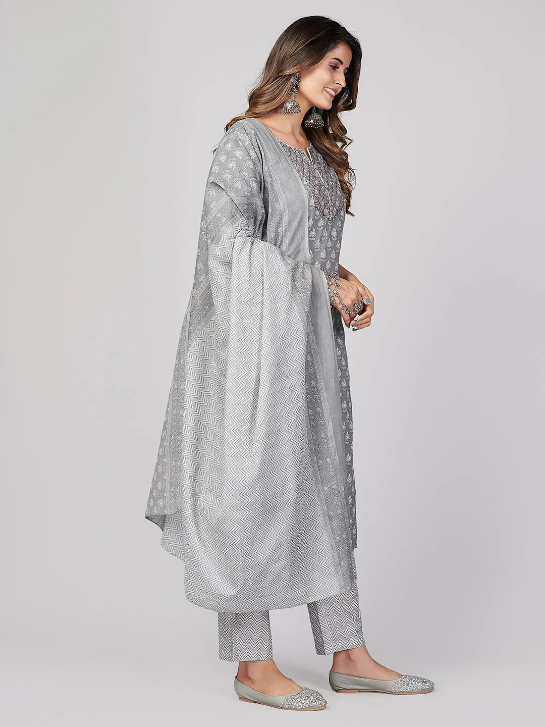 Women'S Printed & Embroidered Straight Cotton Grey Stitched Kurta Pant With Dupatta