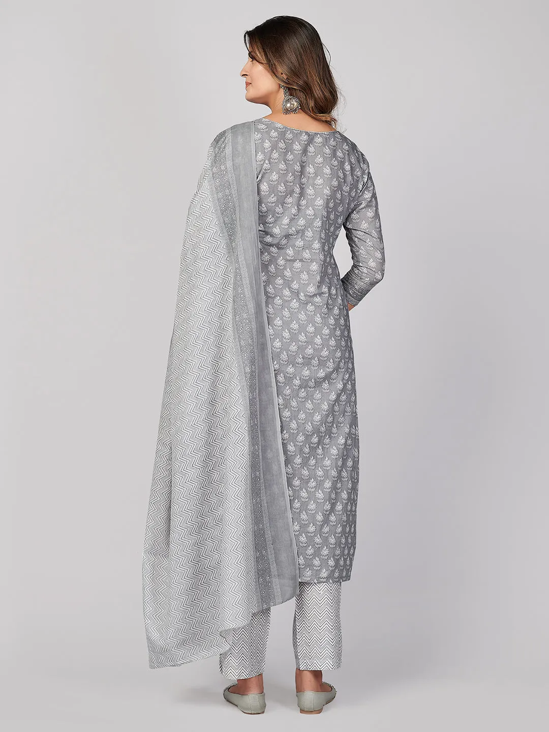 Women'S Printed & Embroidered Straight Cotton Grey Stitched Kurta Pant With Dupatta