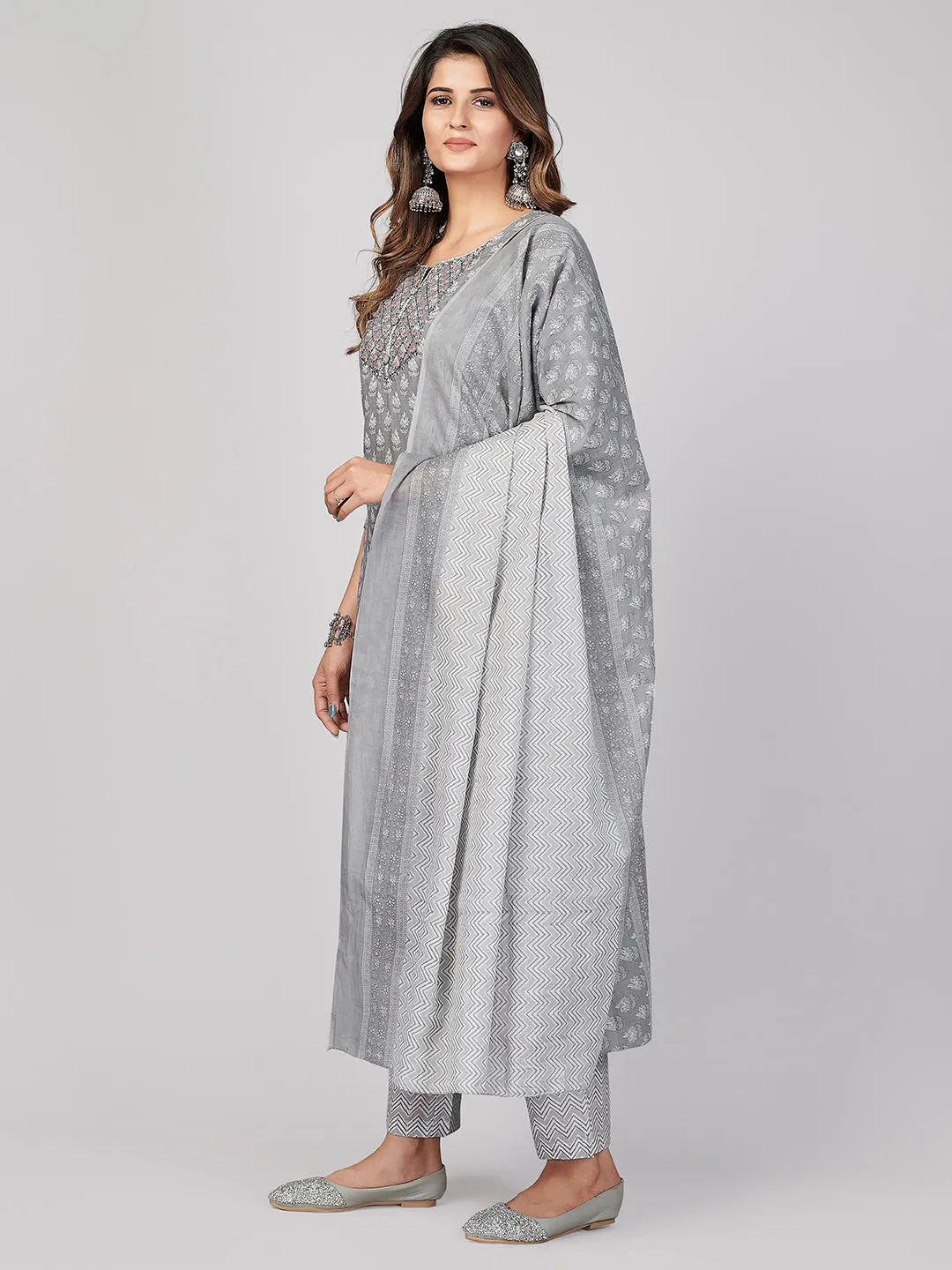 Women'S Printed & Embroidered Straight Cotton Grey Stitched Kurta Pant With Dupatta