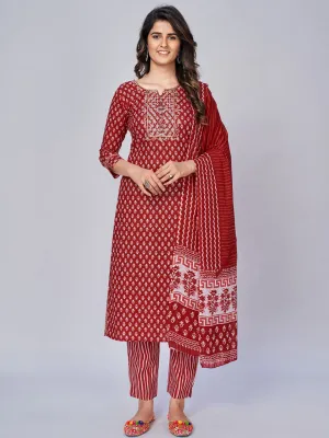 Women'S Printed & Embroidered Straight Cotton Red Kurta Pant With Dupatta