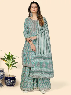 Women'S Printed & Gota Patti Work Straight Cotton Aqua Stitched Kurta Sharara With Dupatta