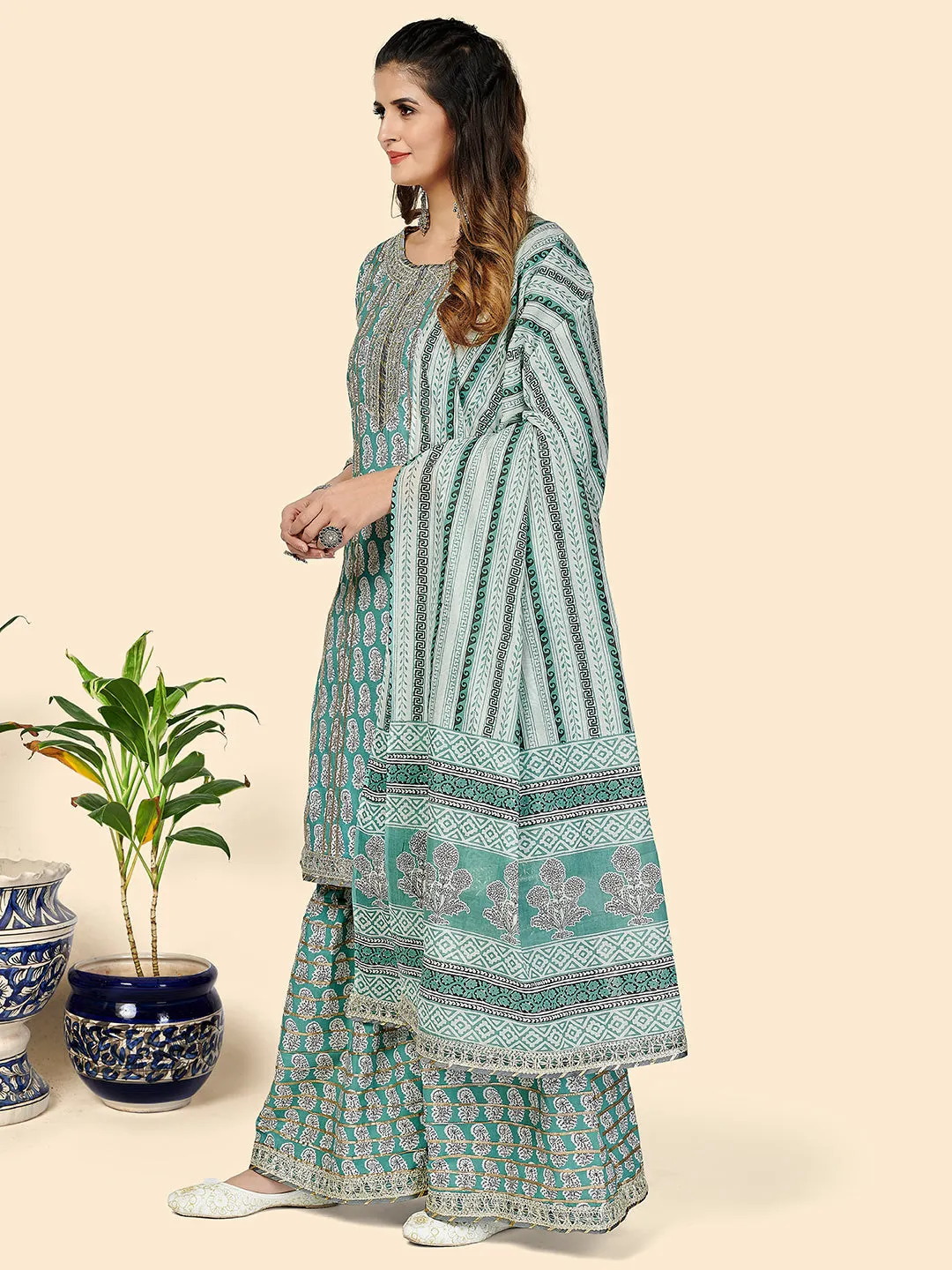 Women'S Printed & Gota Patti Work Straight Cotton Aqua Stitched Kurta Sharara With Dupatta