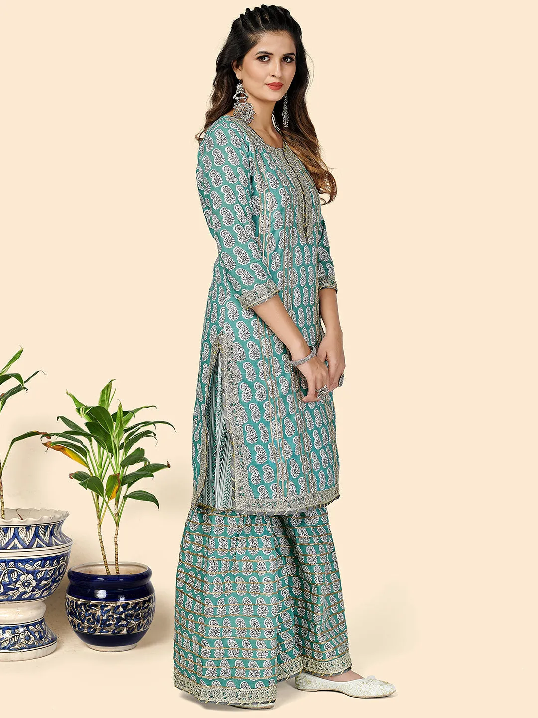 Women'S Printed & Gota Patti Work Straight Cotton Aqua Stitched Kurta Sharara With Dupatta